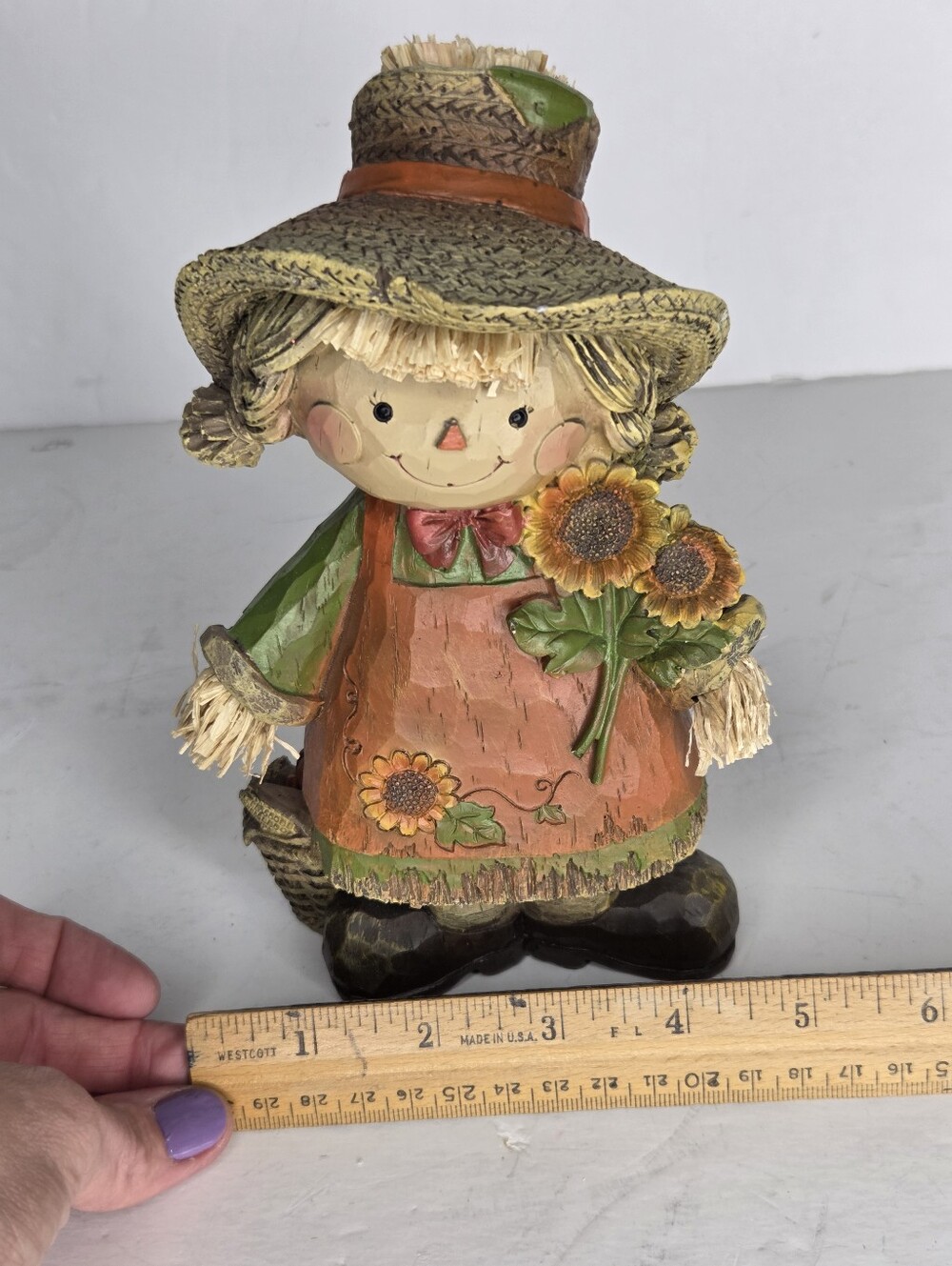 Harvest Scarecrow Girl Woodlike Figurine Thanksgiving Autumn Table Decor - Picture 2 of 8